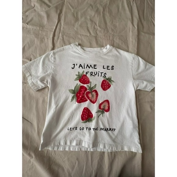 Zara Other - Zara Kids Girls Strawberry Print T-Shirt White Short Sleeve Size 8-9 Cute Tee